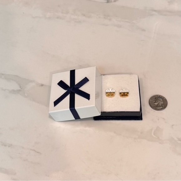 Tory Burch Jewelry - Tory Burch White Enamel Gold Logo Stud Earrings Classic Small